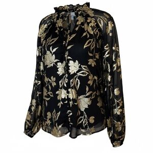 Haver + Blair London Gold Floral Black Long Sleeve Button Up Blouse Size XS